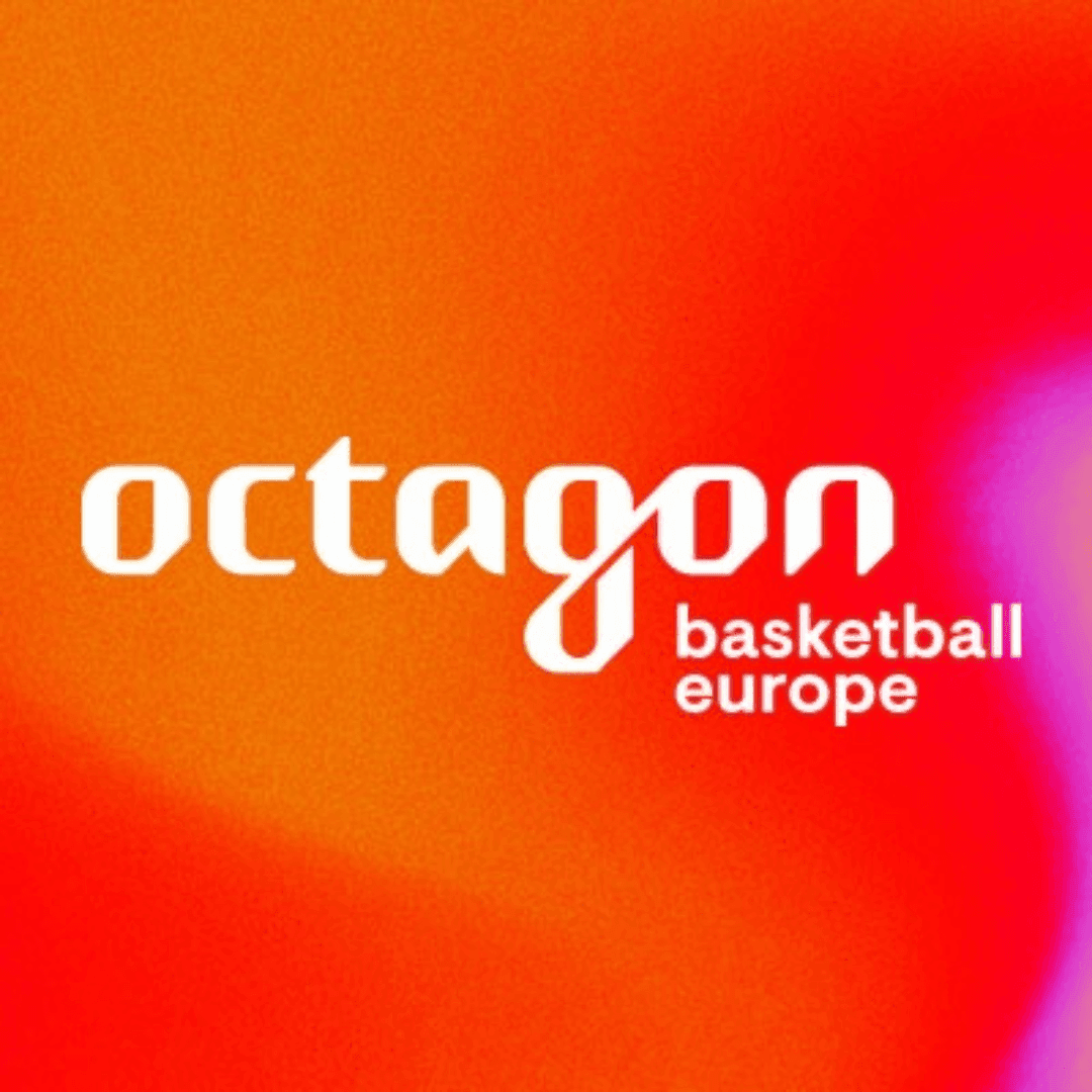 Logo with 'octagon basketball europe' on a red-orange gradient background.